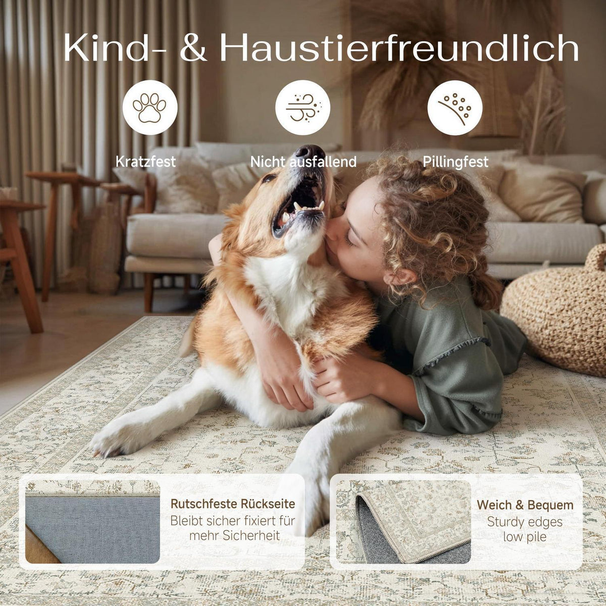 Waschbarer Teppich Wohnzimmer 200x300cm Teebraun Light