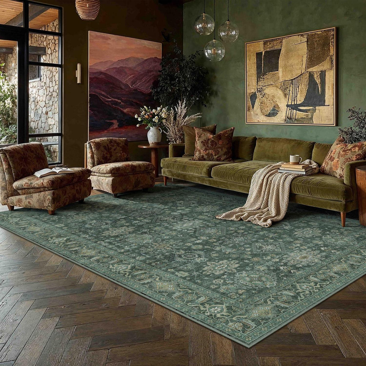 Vintage Teppich Grün 160x230cm - Rechteckiger Wohnzimmerteppich