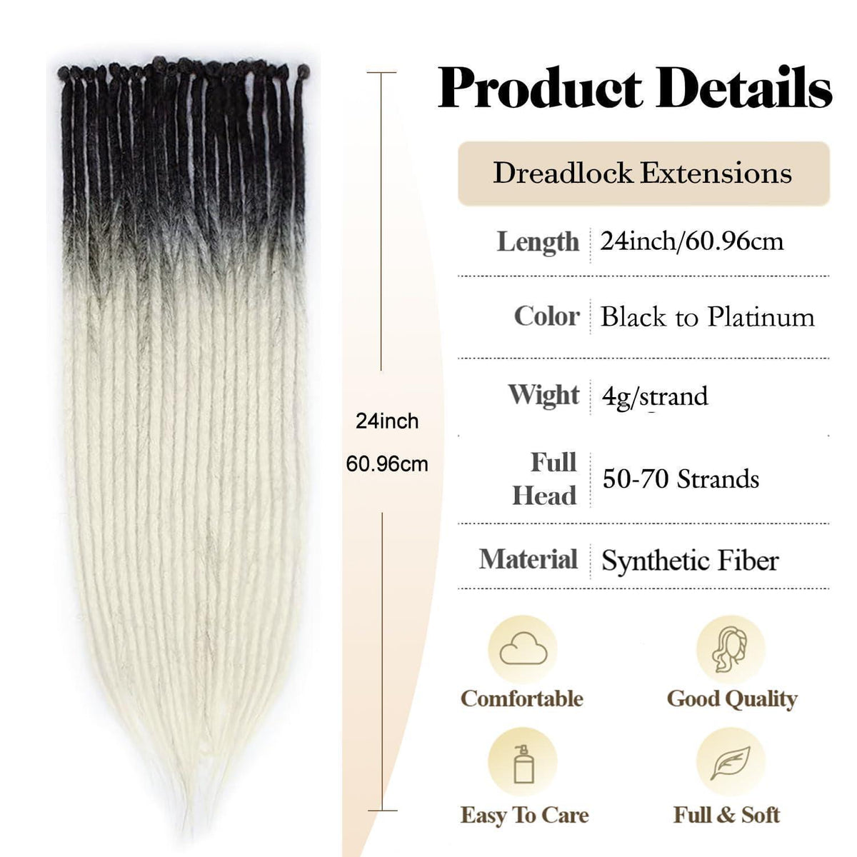 24 Zoll Dreadlock Extensions – Handgefertigte Locs Schwarz zu Platin
