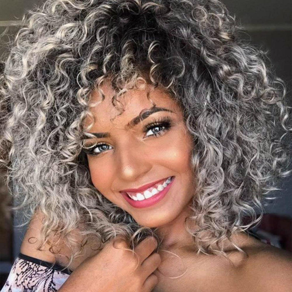 Lockige Perücke Afro Kinky Schwarz-Grau 14 Zoll