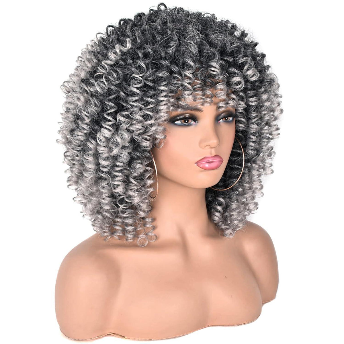 Lockige Perücke Afro Kinky Schwarz-Grau 14 Zoll