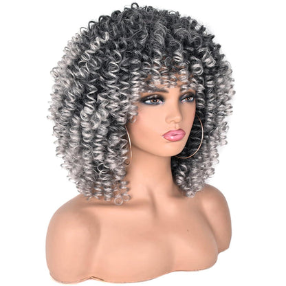 Lockige Perücke Afro Kinky Schwarz-Grau 14 Zoll