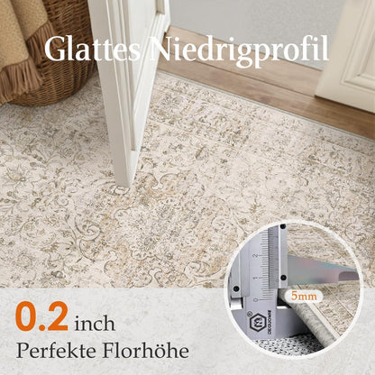 Runder Vintage Teppich 180cm Beige Waschbar – Distressed Design