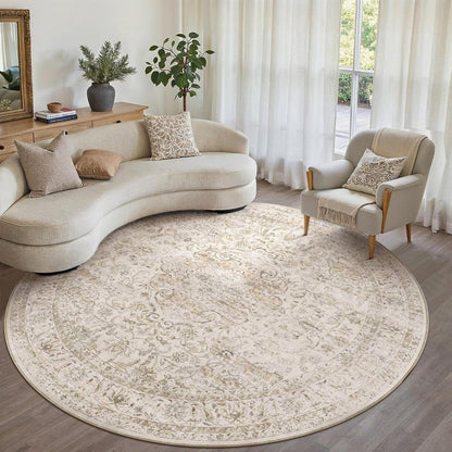 Runder Vintage Teppich 180cm Beige Waschbar – Distressed Design