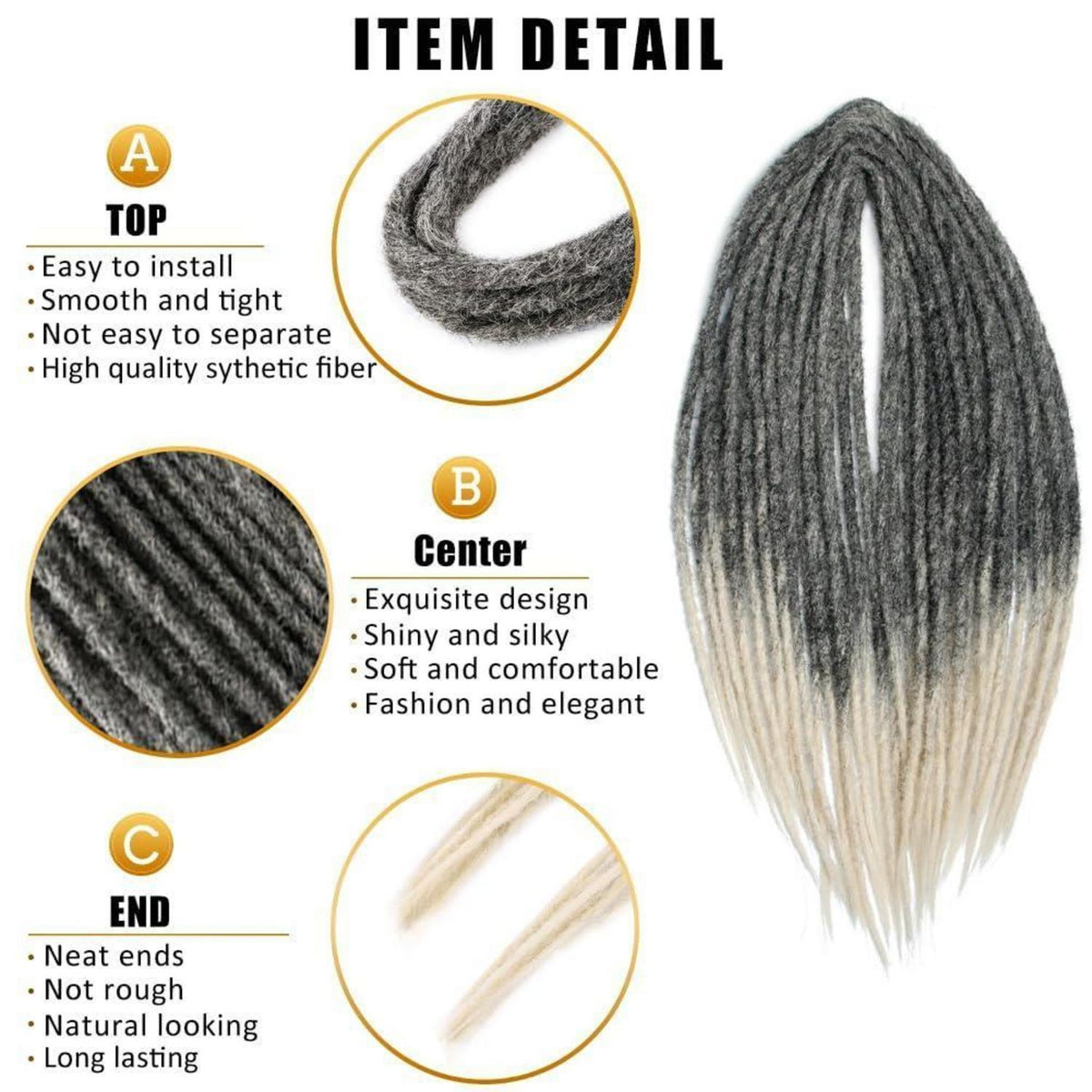24 Zoll Dreadlock Extensions Schwarz Blond, Handgefertigt