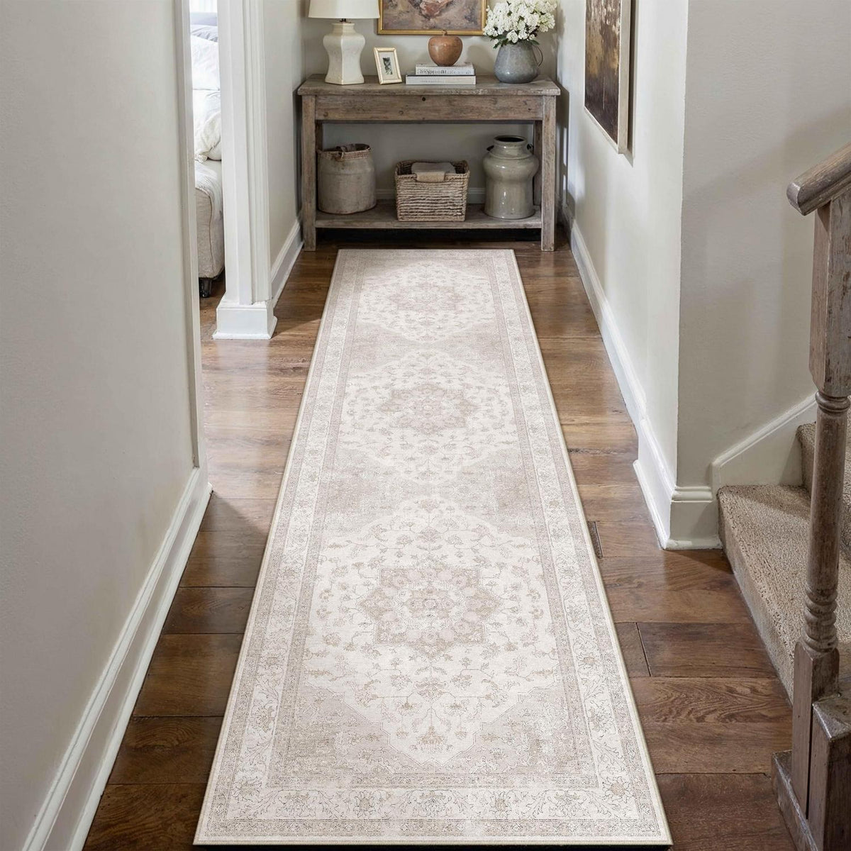 Vintage Läufer Beige 80x400cm – Waschbarer Flurteppich