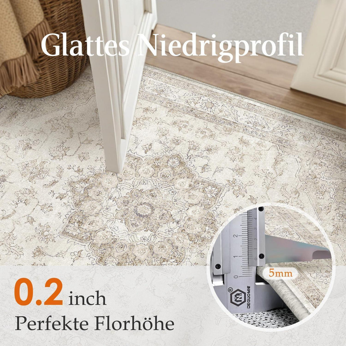 Runder Vintage Teppich Beige 240cm Waschbar & Rutschfest