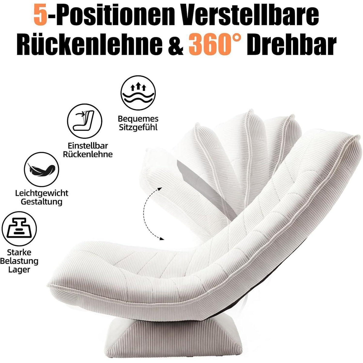 Verstellbarer Bodenstuhl Relaxsessel Beige – 360° Drehbar & Klappbar