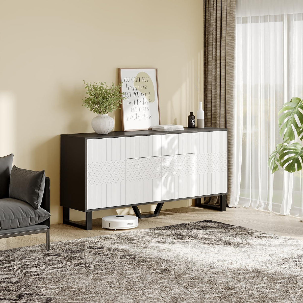 Weißes Sideboard mit Schublade & 4 Türen – 160x40x77.5cm