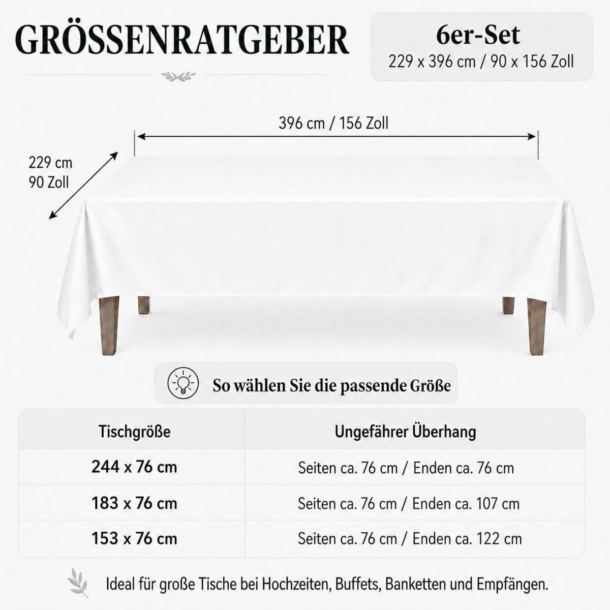 Weißes Tischdecken-Set 6er Pack, 229x396 cm, Rechteckig