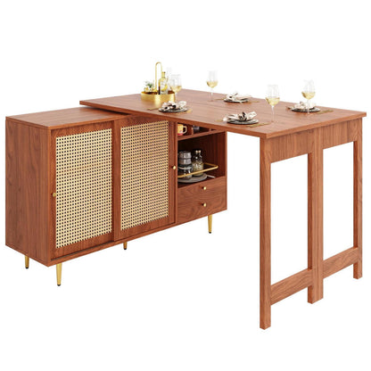 Drehbarer Esstisch mit Schrank & Rattan – Längverstellbar 120-187 cm