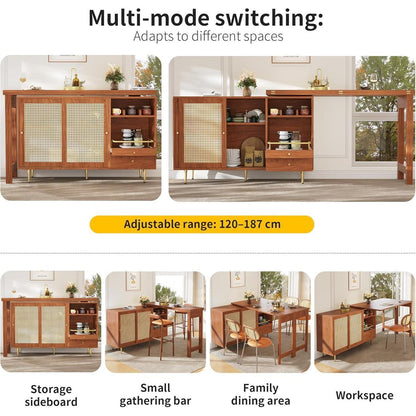 Drehbarer Esstisch mit Schrank & Rattan – Längverstellbar 120-187 cm