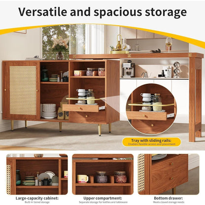 Drehbarer Esstisch mit Schrank & Rattan – Längverstellbar 120-187 cm
