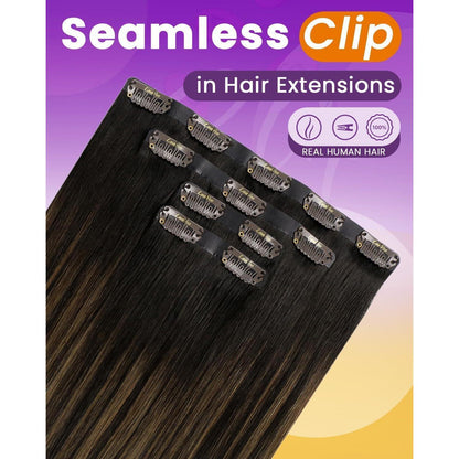 Clip in Haarverlängerung Echthaar Braun 55cm - Dunkelbraun
