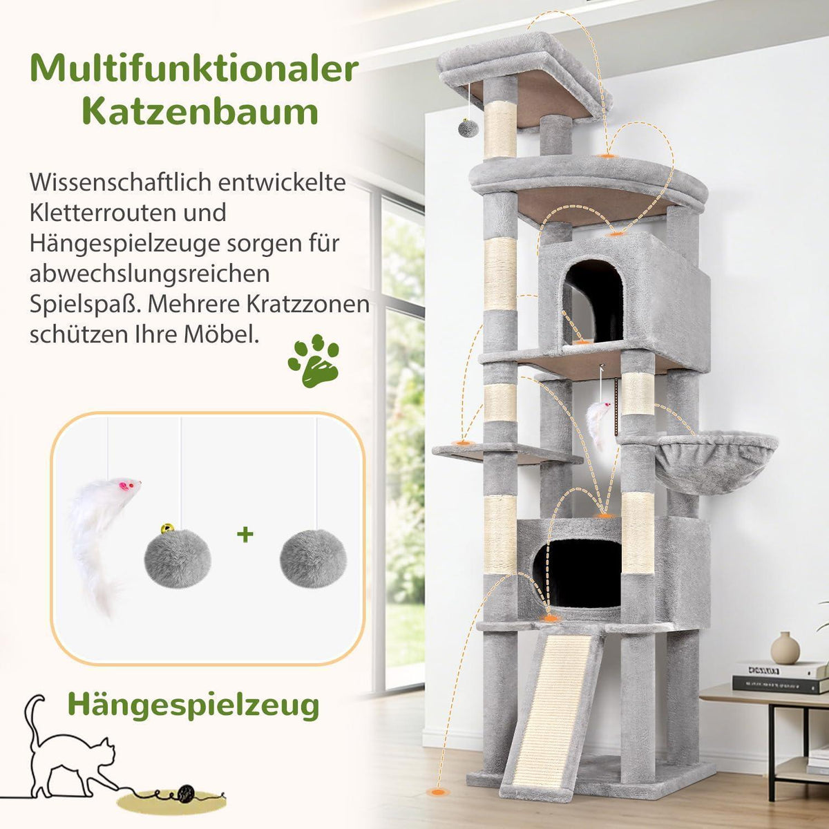 XXL Kratzbaum für Große Katzen | 215cm, Stabil & Mit Häusern
