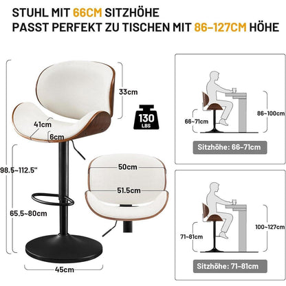 Barhocker Set 2er – Höhenverstellbar, Holz, Weiß in Lederoptik