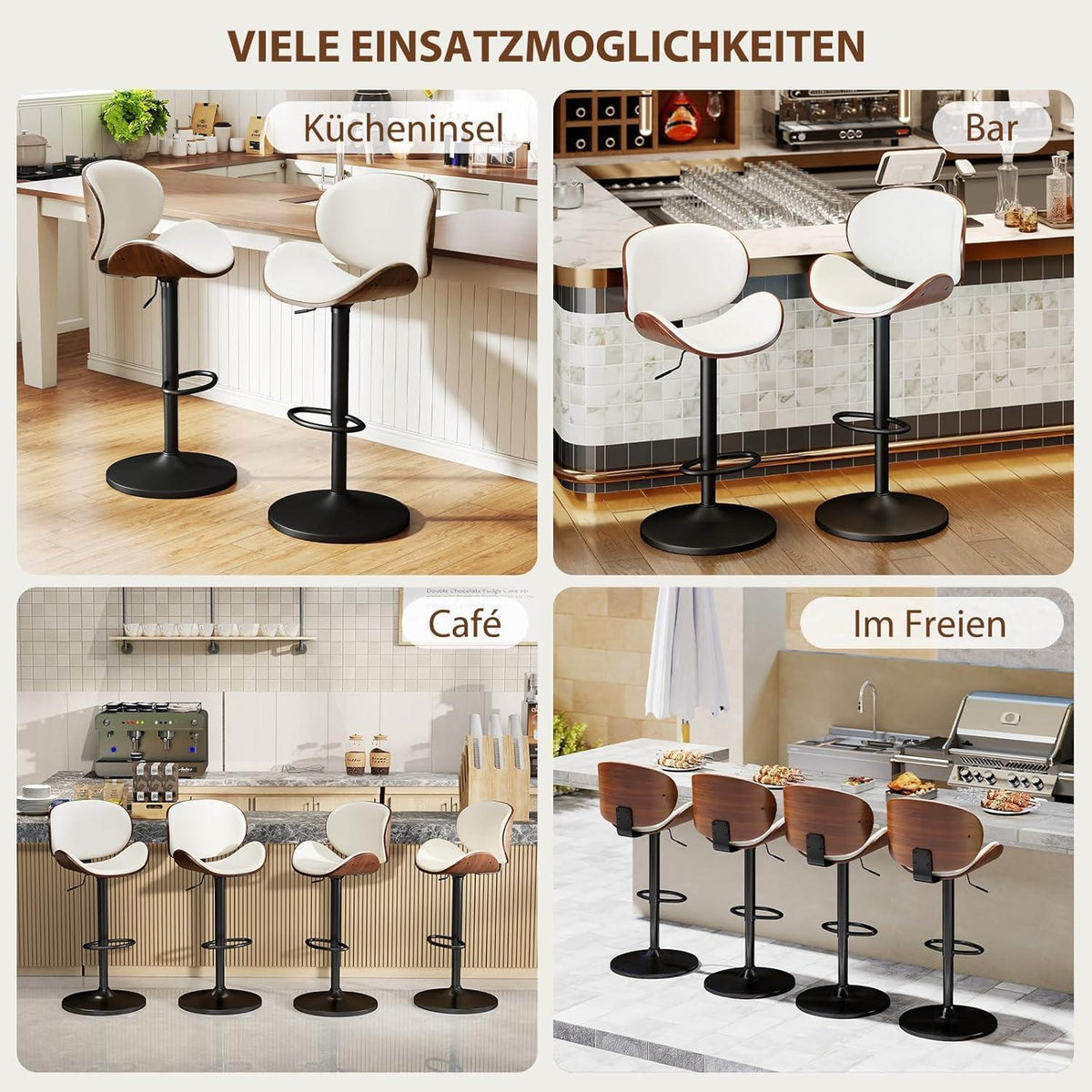 Barhocker Set 2er – Höhenverstellbar, Holz, Weiß in Lederoptik