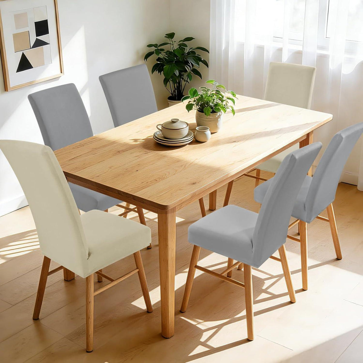 Elastische Stuhlhussen 6er Set - Hellgrau & Beige