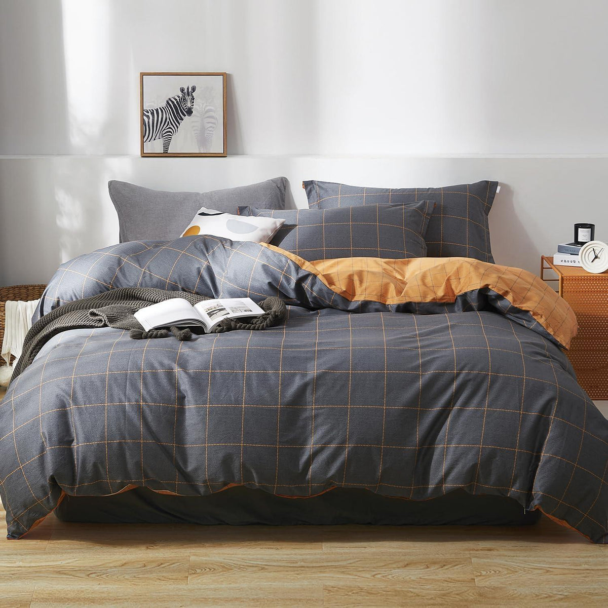 Bettwäsche-Set Grau Orange Karomuster 200x220 cm Baumwolle