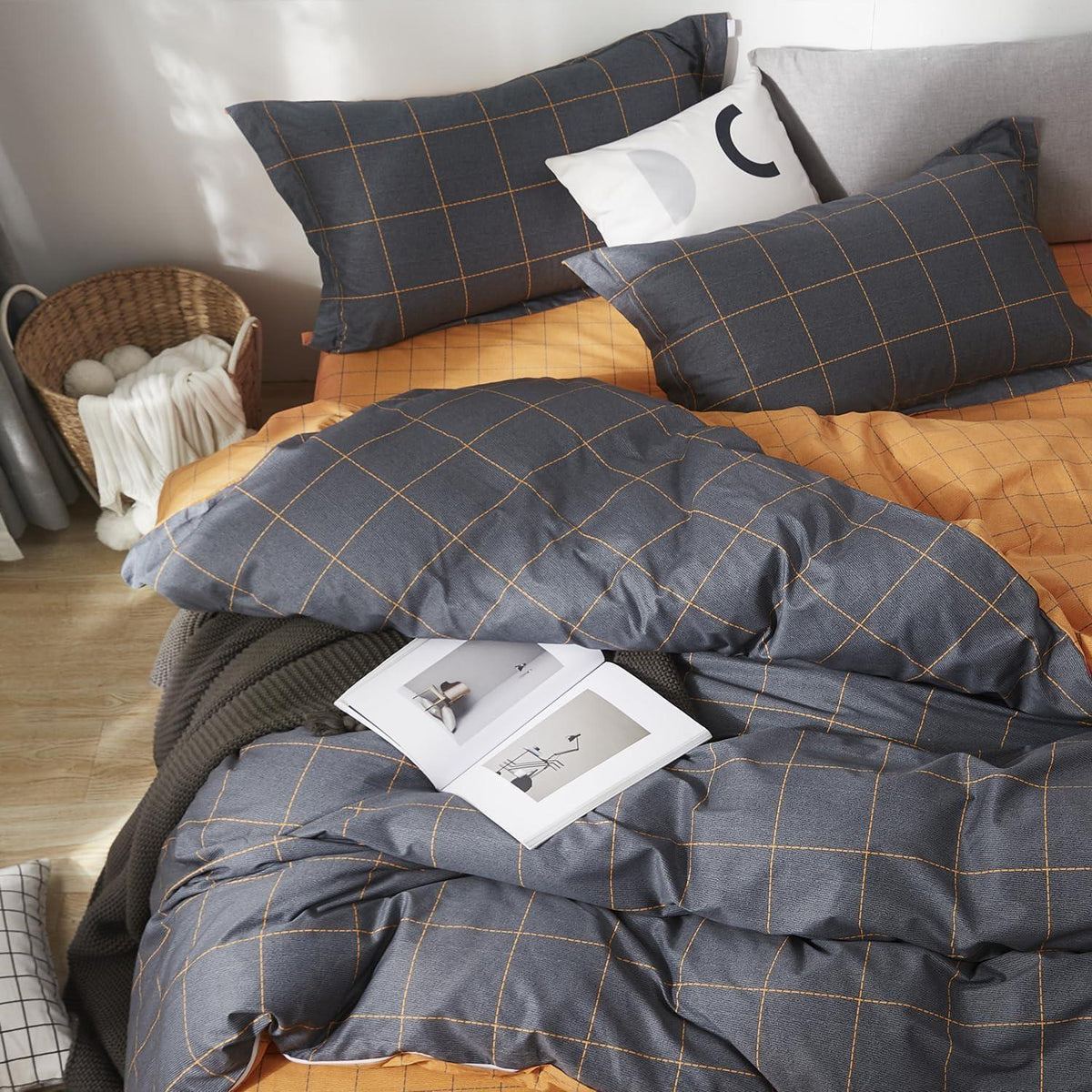 Bettwäsche-Set Grau Orange Karomuster 200x220 cm Baumwolle