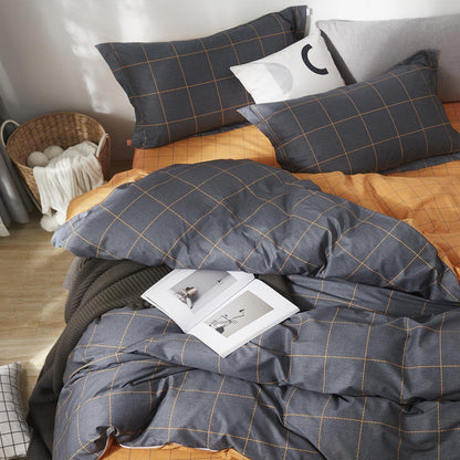 Bettwäsche-Set Grau Orange Karomuster 200x220 cm Baumwolle