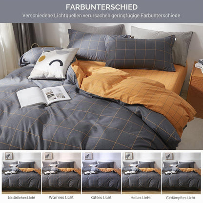 Bettwäsche-Set Grau Orange Karomuster 200x220 cm Baumwolle