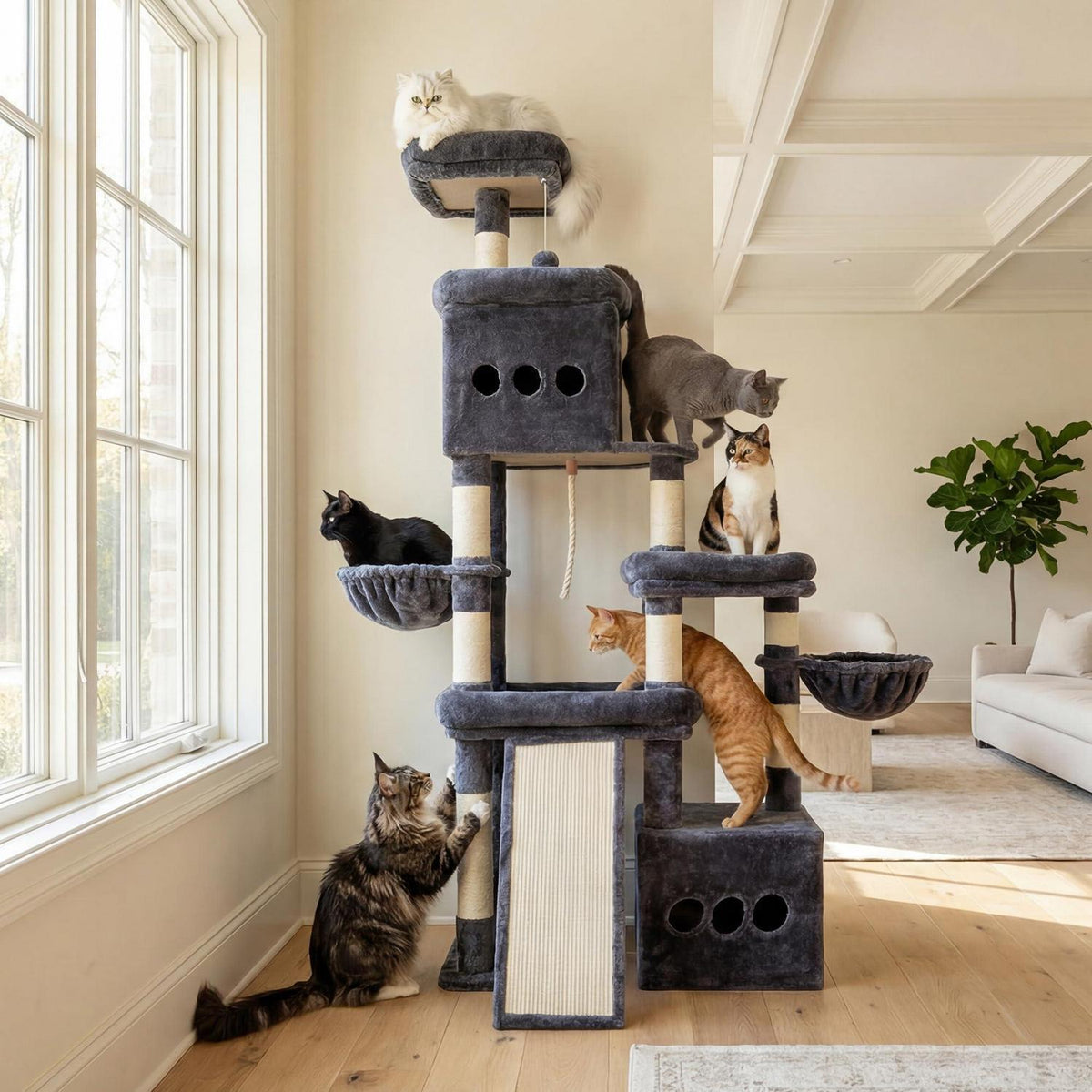 Großer Kratzbaum Rauchgrau für Wohnungskatzen mit Höhle