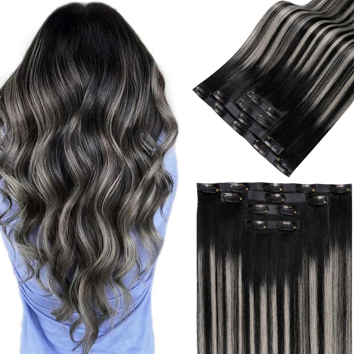 Clip-in Echthaar Extensions Ombre Schwarz Silber 35cm