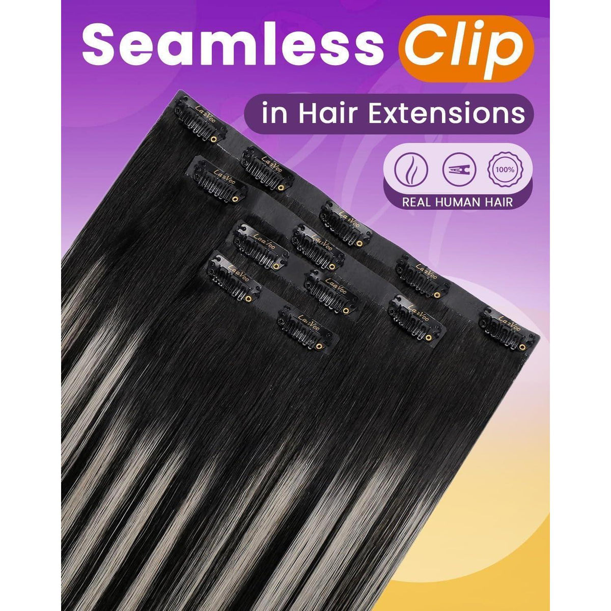 Clip-in Echthaar Extensions Ombre Schwarz Silber 35cm