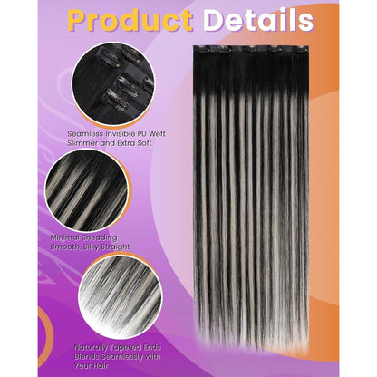 Clip-in Echthaar Extensions Ombre Schwarz Silber 35cm
