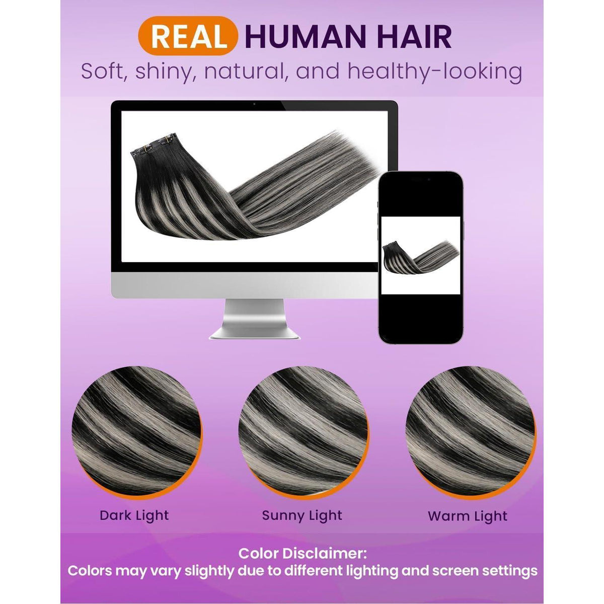 Clip-in Echthaar Extensions Ombre Schwarz Silber 35cm