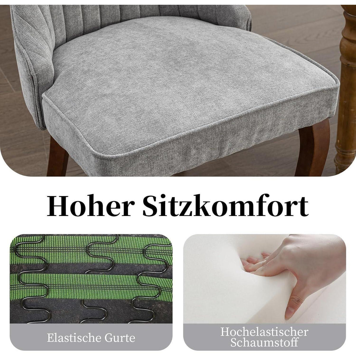 Esszimmerstühle Set 8 Grau, Bequeme Polsterstühle mit Holzbeinen