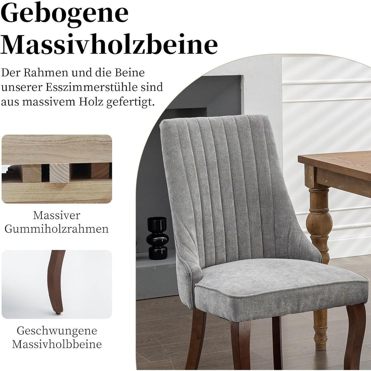 Esszimmerstühle Set 8 Grau, Bequeme Polsterstühle mit Holzbeinen