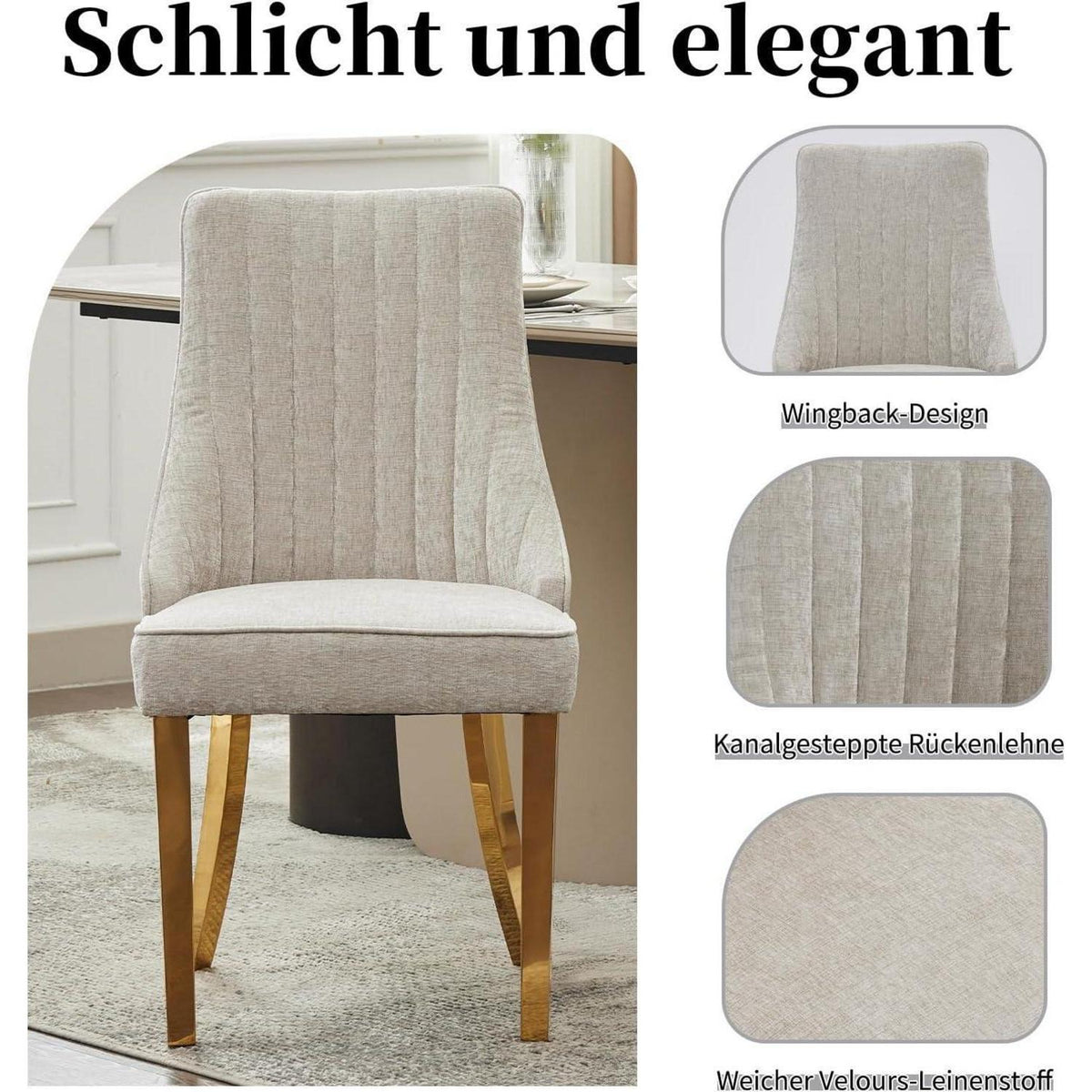 Bequeme Esszimmerstühle 8er Set mit Stoffbezug & Goldbeinen