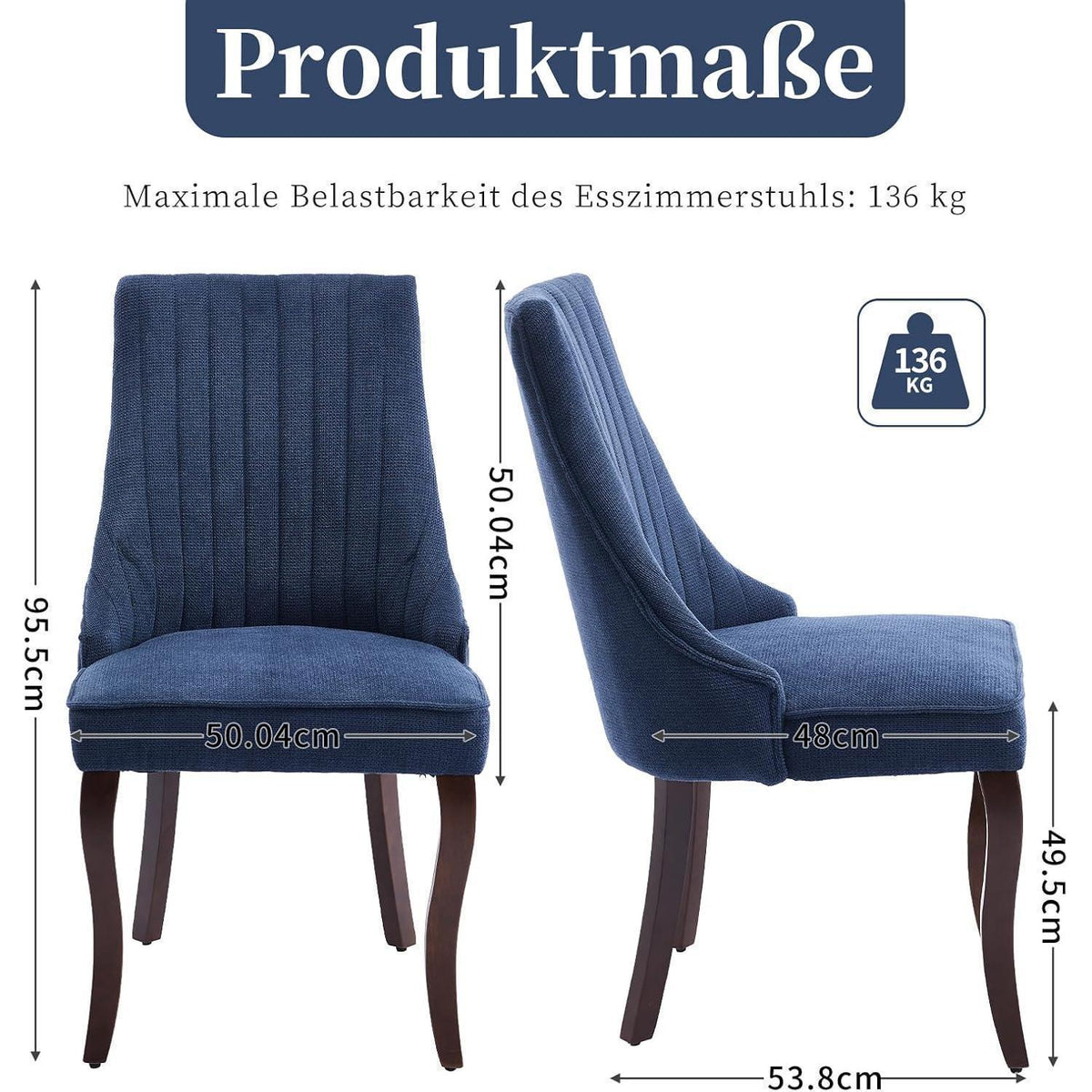 Esszimmerstühle Set 4 Blau, Bequeme Polsterstühle mit Holzbeinen