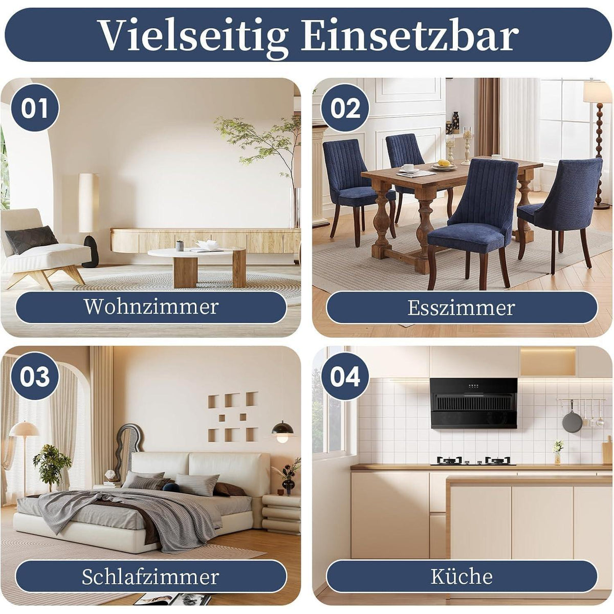 Esszimmerstühle Set 4 Blau, Bequeme Polsterstühle mit Holzbeinen