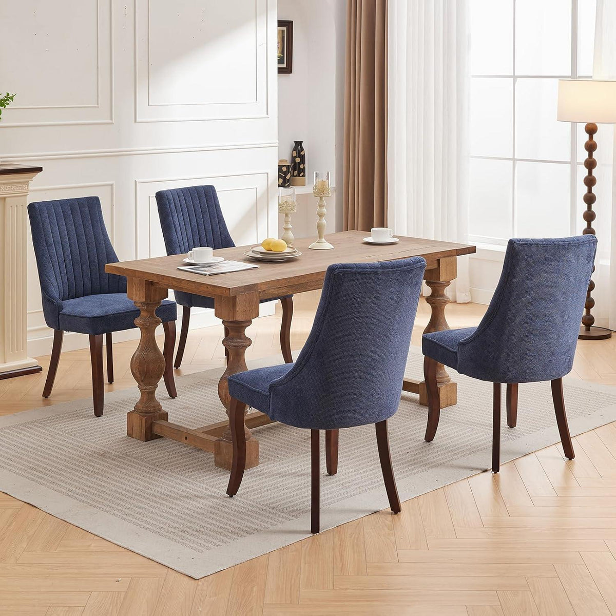 Esszimmerstühle Set 4 Blau, Bequeme Polsterstühle mit Holzbeinen