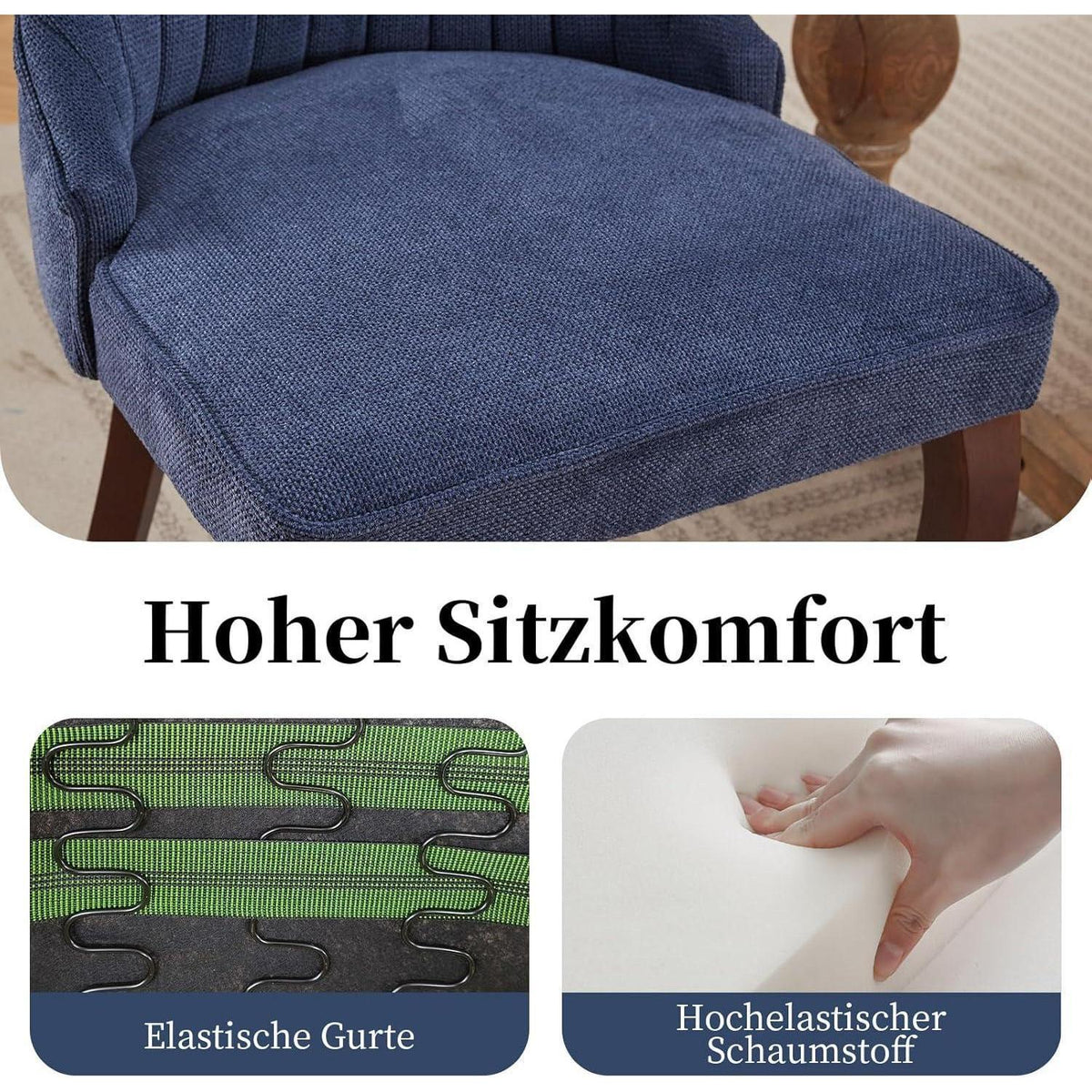 Esszimmerstühle Set 6 Blau, Bequeme Polsterstühle mit Holzbeinen