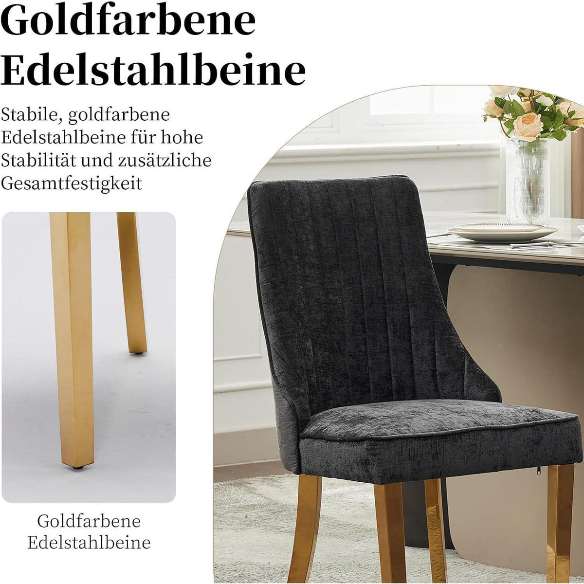 Esszimmerstühle Set 8 – Bequeme Polsterstühle Schwarz/Gold