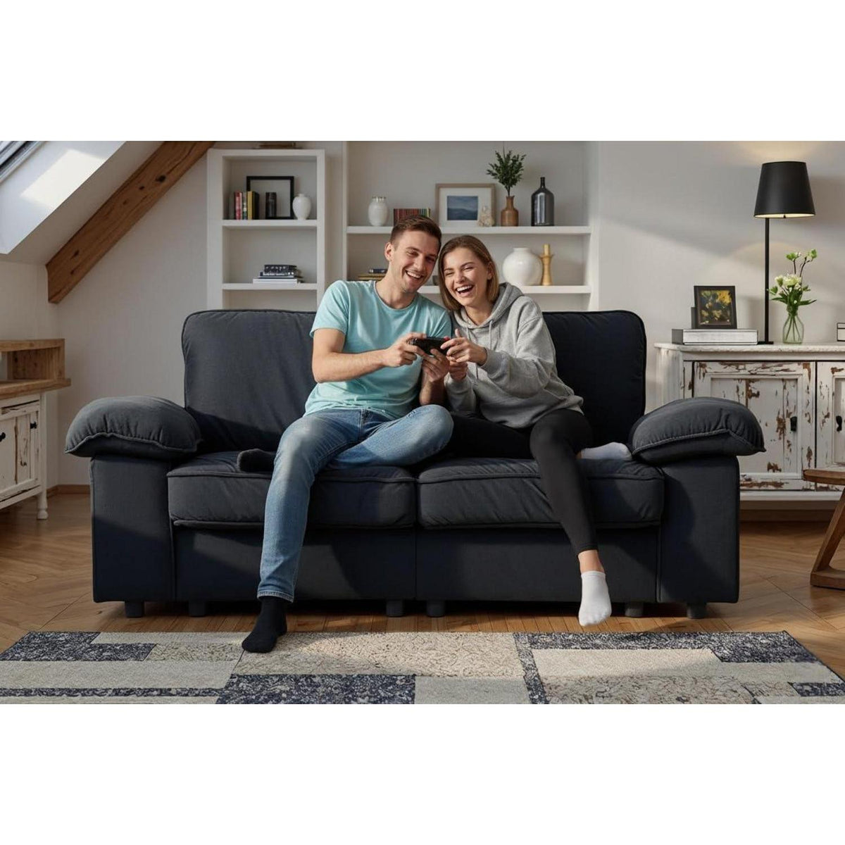 2-Sitzer Couch Schwarz mit Stauraum & Velvet