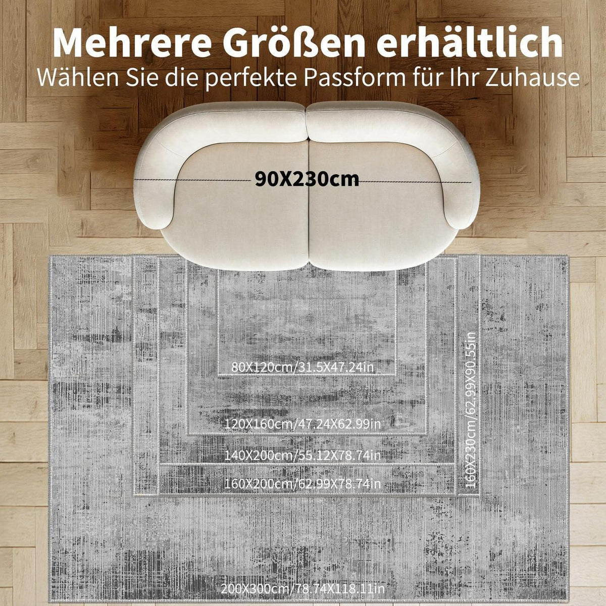 Grauer Wohnzimmerteppich 160x200cm – Moderner Kurzflor Teppich