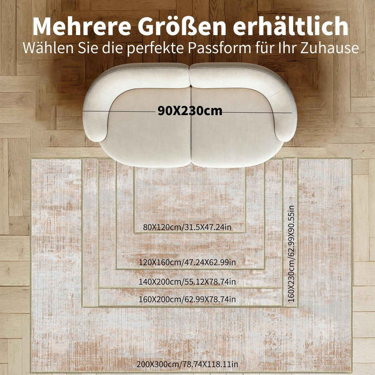 WUTONG Teppich Wohnzimmer 160x200cm Hellbraun Sand – Waschbar & Vintage