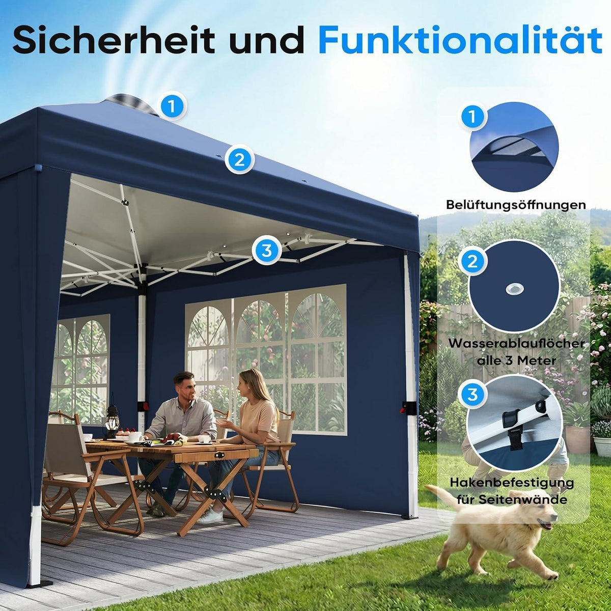 Faltpavillon 3x6m mit Seitenwänden & UV-Schutz – Blau