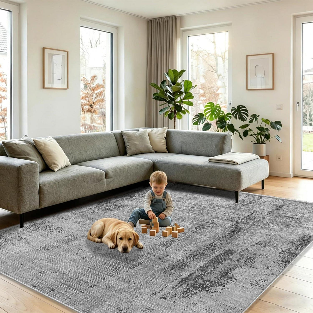 Grauer Teppich 200x300cm – Moderner Kurzflor Wohnteppich