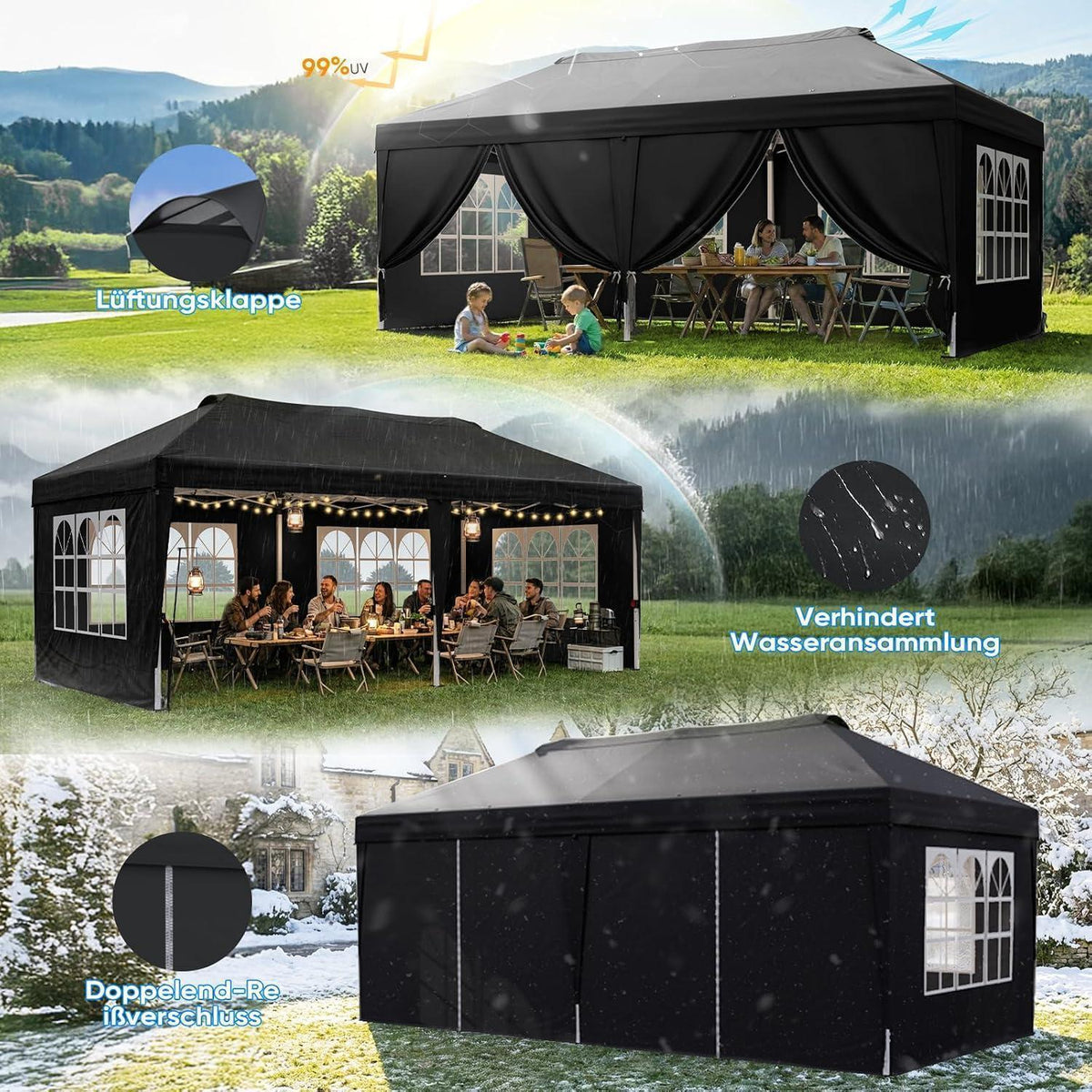 Faltpavillon 3x6m mit Seitenwänden & UV-Schutz