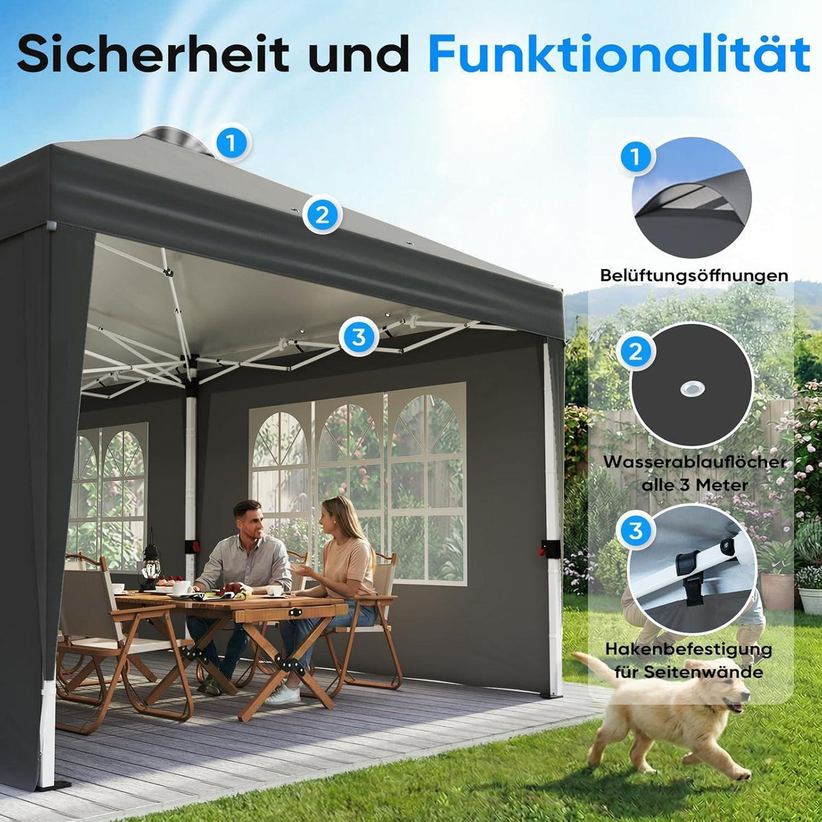 Faltpavillon 3x6m mit Seitenwänden & UV-Schutz