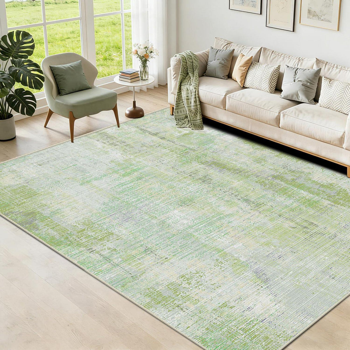 Grüner Teppich 140x200 – Abstrakter Kurzflor Wohnteppich