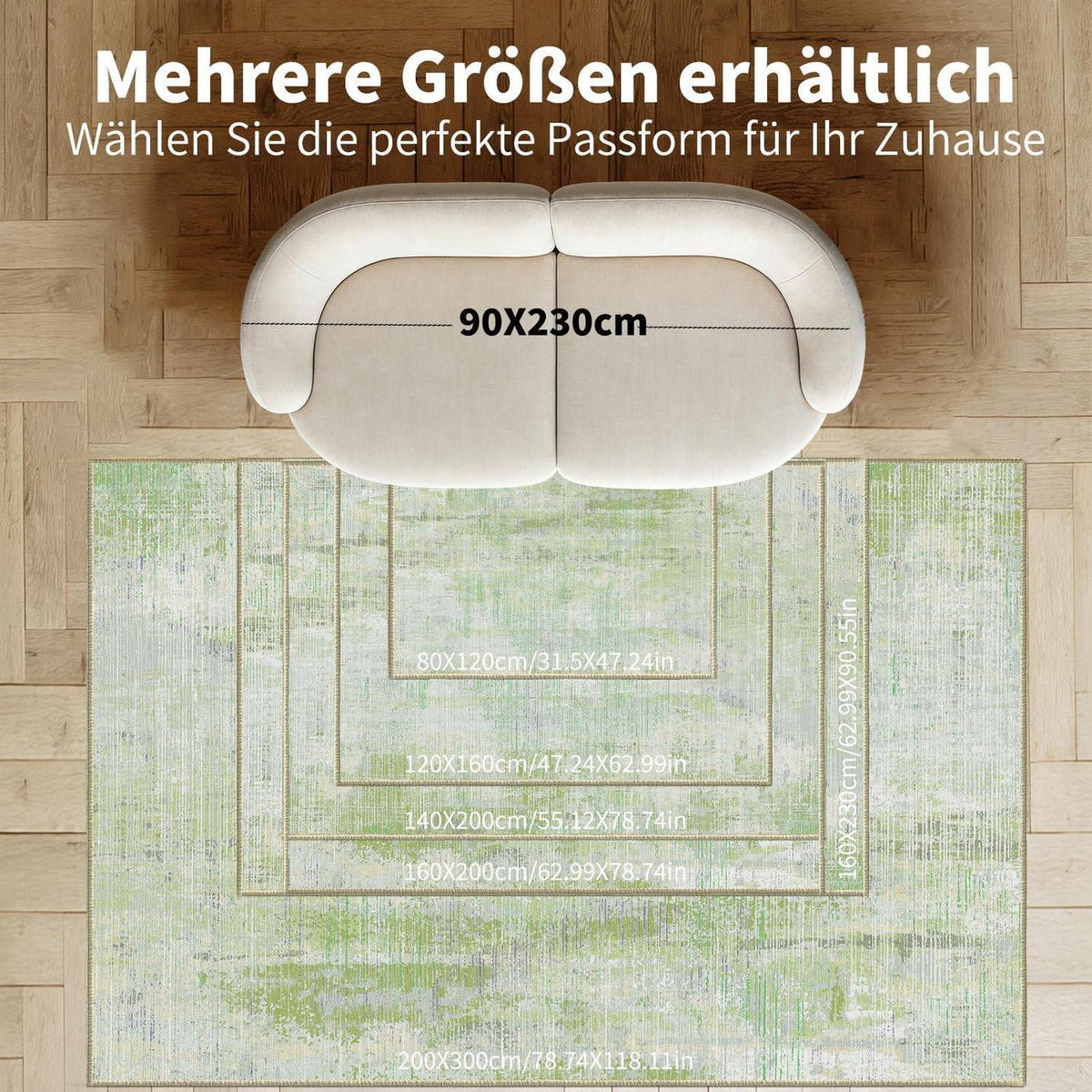 Grüner Teppich 140x200 – Abstrakter Kurzflor Wohnteppich