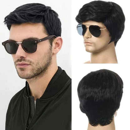 Herren Perücke Schwarz Kurz Haare Schichtung Welle Halloween Party