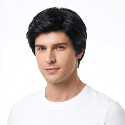 Herren Perücke Schwarz Kurz Haare Schichtung Welle Halloween Party